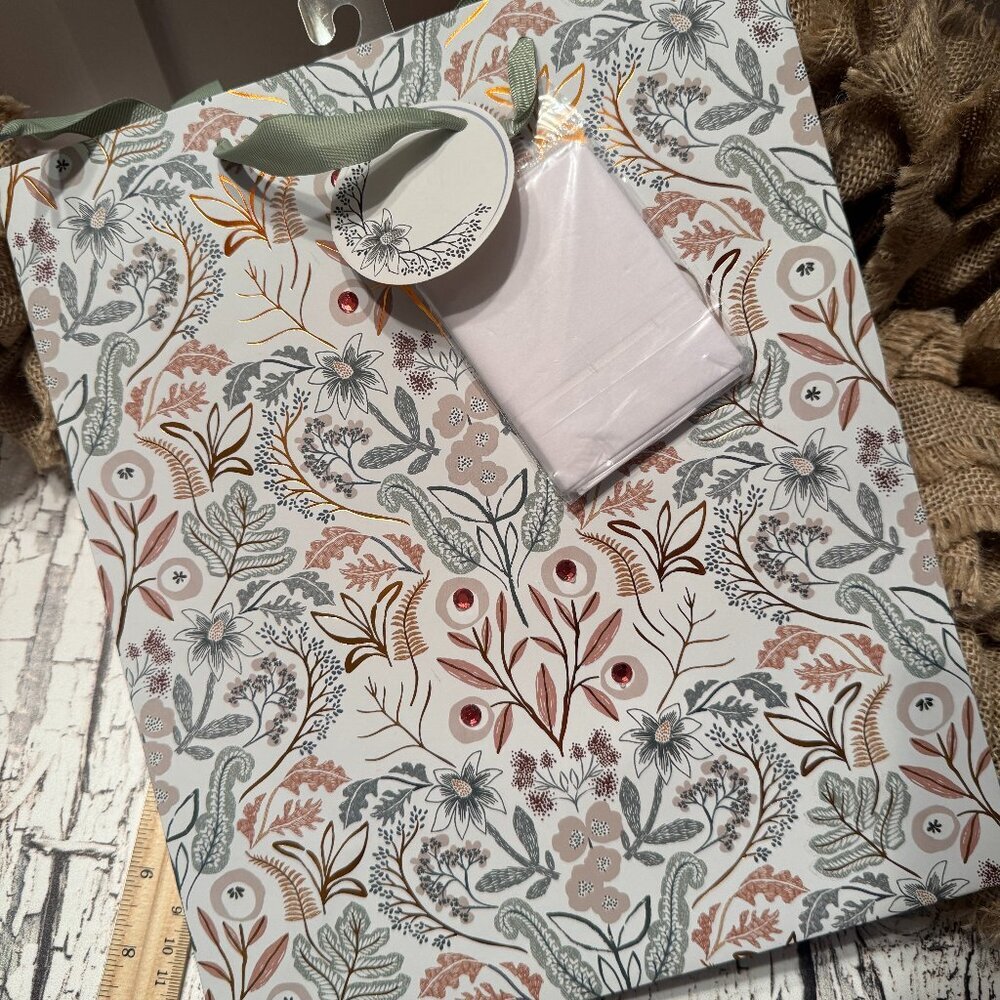 Large Green and Beige Floral Gift Bags with Tissue Set of 3